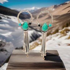 Vintage Navajo Sterling Silver Malachite Turquoise Inlay Dangle Drop Earrings picture