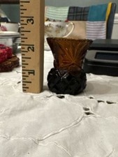 Amber Glass Toothpick Holder Cut Glass Pattern Vintage picture