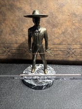 Vintage Mexican Charro Cowboy Statue Wire Lasso Metal Onyx Marble Base Art picture