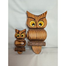 Vintage 1970s Wooden Carved Witco Style Owls Felt Eyes Wall Hanging Set of 2 picture