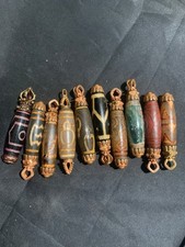 10Pcs Rare Tibetan Brass Inlay Old Agate Dzi *Mixed Totem* Bead Pendants picture