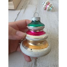 Vintage shiny Brite tree glass ornament striped Xmas copper orange red green picture