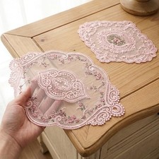 2 Pcs Retro Pink Lace Placemats, Vintage Flower Lace Doilies for Tables Oval picture