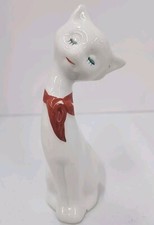 Vtg MCM Cat Long Neck Figurine Ceramic 1960’s Hand Painted Red Scarf  6” picture