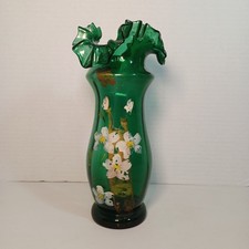 Fenton Stylish Green Hand-painted Vase Ruffled Top Beautiful Floral Design picture