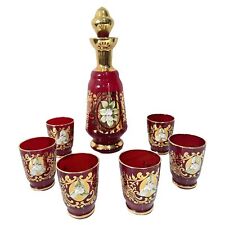 Venetian Murano Hand Painted Ruby Red And Gold Decanter Set W/6 Cordial Glasses picture