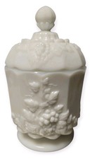 WESTMORELAND Milk Glass Covered Candy Dish Grape & Leaf Design Vintage 1950's picture