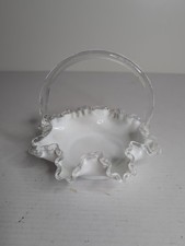 VTG Fenton Silver Crest Milk Glass Ruffled Crimped Edge White Basket w/Handle 8