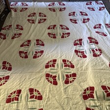 Handmade Antique Quilt Red & Green flowers on white Cotton  93x81 King picture