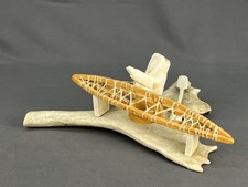 Vtg  Fred Iyak Trimble Inuit & Canoe Antler Bone Carving 10 1/2
