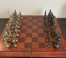 Vintage Chess Set With Brass & Pewter Figurines And Folding Play Board picture