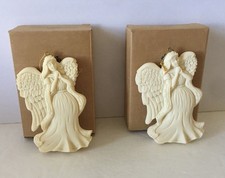 2 Vintage Avon Praying Angel Ornaments 1997 Christmas Ivory Gold Cord picture