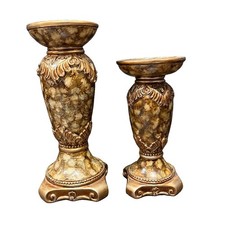 VTG Florentine Style Faux Marble Polyresin Pillar Candle Holders Bronze Gold Brn picture