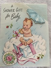 Vtg Baby Shower Greeting Card Adorable Baby Umbrella 1950’s Embossed Cute picture