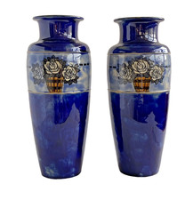 Royal Doulton  Lambeth Ware Blue Rose Design Vases 13.0” Tall 1920’s Vintage picture