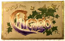 Post Card Greetings from Chicago, gold border, purple letters, embossed 1911 picture
