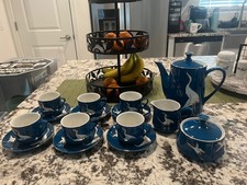 STUNNING 15-PIECE COBALT BLUE & GOLD PLATED CRANE PORCELAIN TEA/COFFEE SET picture