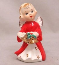 Vintage Christmas Red Stars ANGEL Girl Figurine w/Bell Ceramic RARE Japan Napco picture