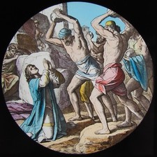 HAND COLOURED Glass Magic Lantern Slide A STONING C1890 RELIGIOUS DRAWING picture