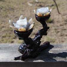 7in Agate Geode Carved Crystal Lotus Flowers on Burl Wood Stand picture