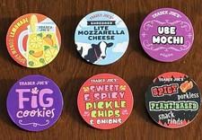 Trader Joe's Unique handmade sm. Food Sticker pinback buttons, 6 per pkg. picture