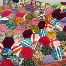 Vintage Handmade Hexagon Patchwork Quilt Blanket Heavy Thick 1970’s Hippy Boho picture