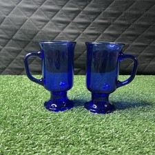 (2) Vintage Anchor Hocking Mug Cobalt Blue Glass Coffee Tea Footed Pedestal picture