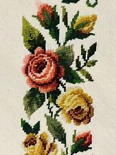 Beautiful Old Needlepoint Rose/Rosebud Design Bell Pull Unblocked Fabric 52.5 in picture