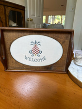 Vintage Wood Serving Tray w/ Handles, Cross Stitch Pineapple “Welcome” Insert picture