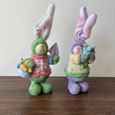Two Gardener Bunny Rabbits Gardening Figure Figurines Adjustable Ears Easter picture