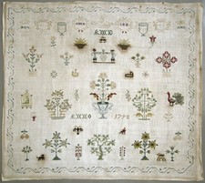 1798 ANTIQUE DUTCH NEEDLEWORK CROSS STITCH SAMPLER FLOWERS BIRDS CROWN picture