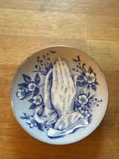 Vtg Praying Hands Blue/White Porcelain Plate 4” Diam Japan Gold Rim picture