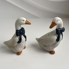 Vintage Geese Goose Salt & Pepper Shakers White Blue Ribbon Cottage Core  picture