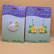 Set Hallmark Easter Spring Lapel Pin & Earrings Bunny Rabbit Flower On Card picture