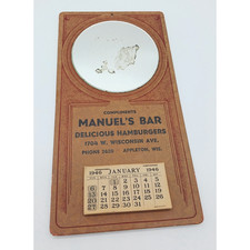 1946 Manuel's Bar Appleton Wisconsin Hamburgers Wall Calendar W/ Mirror Vtg picture