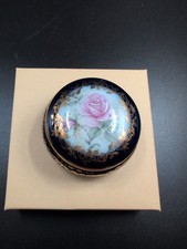 Vintage Limoges France Rehaussé Main Trinket Box Cobalt Blue Pink Rose Gold Trim picture