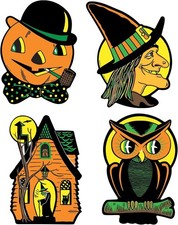 Beistle Vintage Halloween Cutouts 4 Count Double Sided Witch Pumpkin Cat Owl picture
