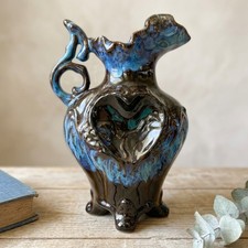 Vintage Art Pottery Pitcher Blue Brown Drip Glaze Heart Motif Ornate Footed Jug picture