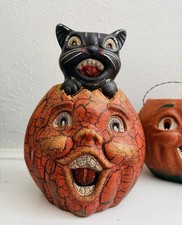 Vintage Primitive Style Black Cat Pumpkin JOL halloween Papier Mache Style Clay picture