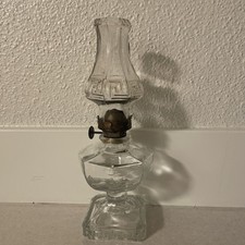 Vintage 1911 Clear Greek Key Miniature Oil Lamp | 8” Tall picture