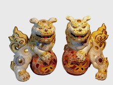 Japanese Kutani Foo Dog (Shishi) ceramic guardian Lion set 10.5