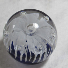 Cobalt Blue Clear Paperweight White Flower Controlled Bubbles picture