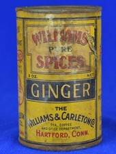 VINTAGE WILLIAM'S PURE SPICES GINGER ADVERTISING TIN - WILLIAM'S & CARLETON CO. picture