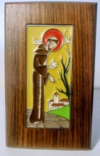 St Francis Assisi Enamel On Peltro  Pewter Plaque-Rosewood Framed On Stand-Italy picture