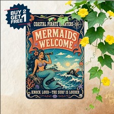 A Pirate Lives Here With A Beautiful Mermaid Beach Art Retro Metal Tin Sign picture