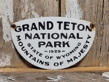 VINTAGE GRAND TETON PORCELAIN SIGN RARE OLD WYOMING NATIONAL PARK 1929 SMOKEY picture