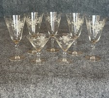 Vintage Frosted Rose Floral Etched Stemware Set 7 Pc 5 Wine 2 Cordial Glass picture