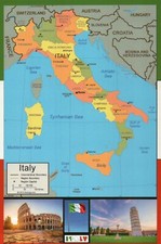 Map of Italy, Flag, The Colosseum, Rome, Tower of Pisa etc. --- Modern Postcard picture