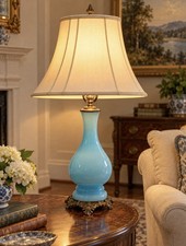 Antique Victorian Blue Opaline Glass Oil Lamp Converted Electric Ornate Base 26” picture
