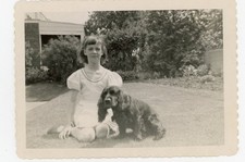 Vintage Photo Child Girl w Dog Skippi Yard Scene May 12 1951 Snapshot 3.5x5 picture